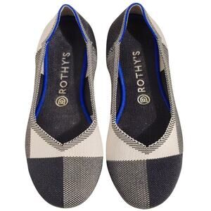 Rothy's The Flat Cap Toe Plaid Slip On Shoes Cream Gray Plaid Womens US 10